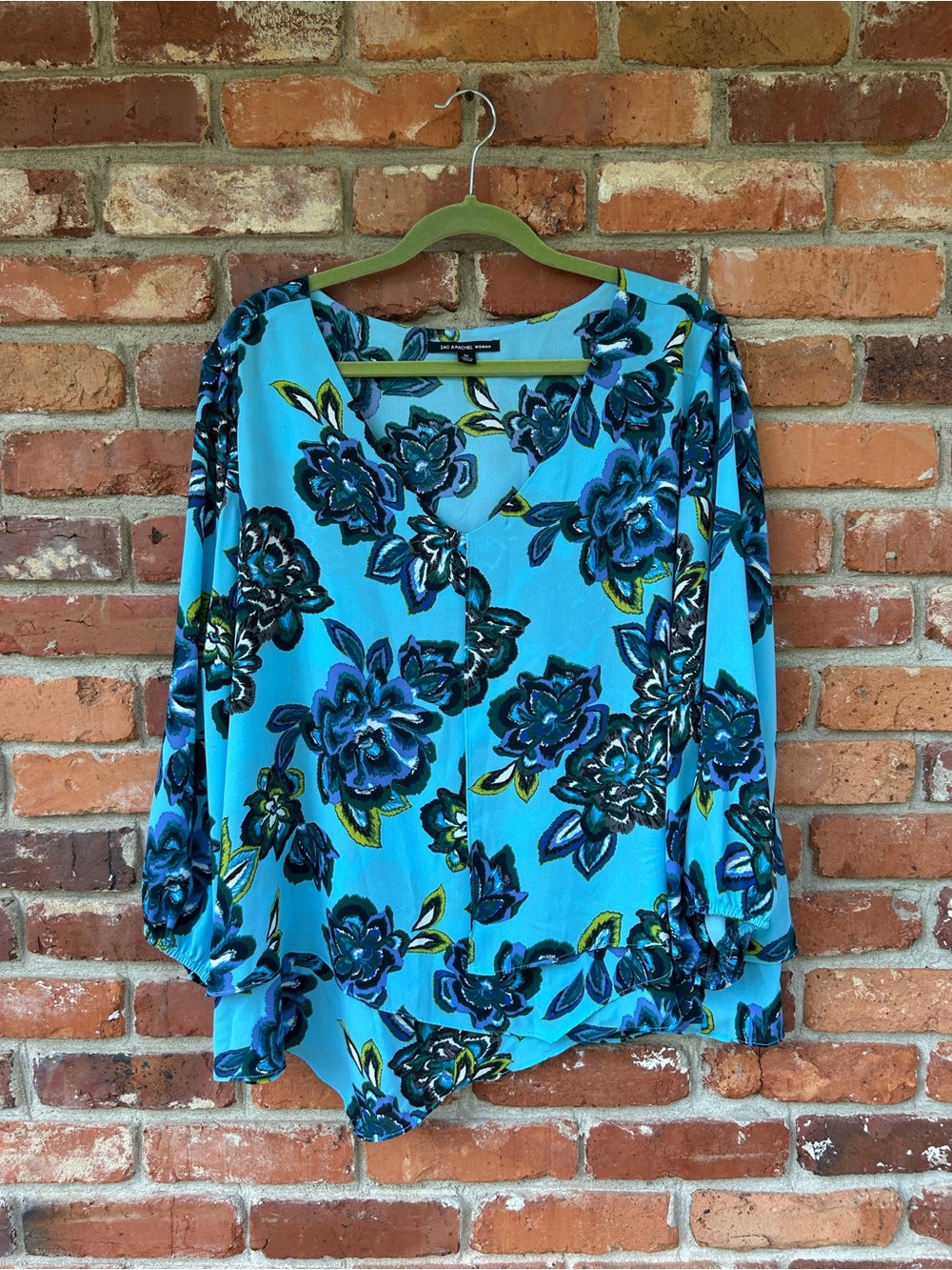 Zac & Rachel Floral V-Neck Blouse in Turquoise Blue Layered Long Sleeve 3X